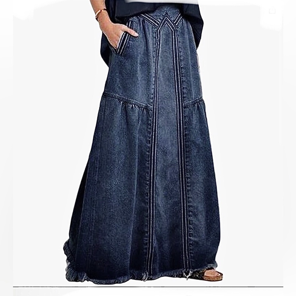 LONG DENIM FRAYED A-LINE SKIRT, HIGH WAIST WITH MULTI POCKETS, SZ L, DARK WASH
